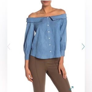 Veronica Beard Britta Off-The-Shoulder Button-Front Chambray Top Blue Size 10
